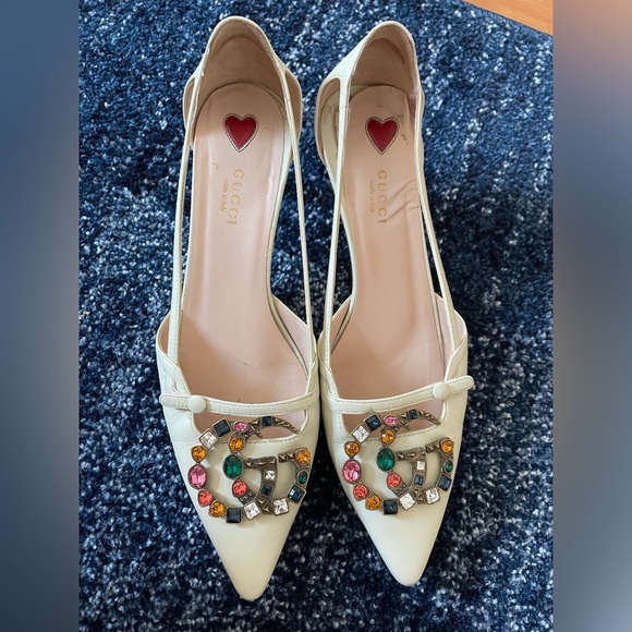 Gucci White GG Crystal Bamboo Unia Heels 8.5
